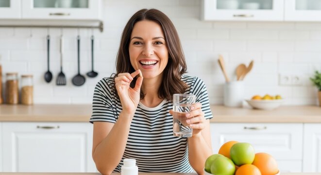 Happy woman in striped shirt is holding a glass of water and a pill, with fresh fruits on kitchen table, representing healthy living and wellness choices	