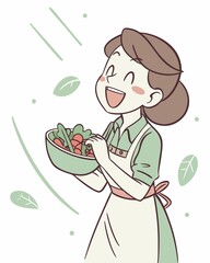 Happy woman holding a bowl of salad isolated on white background