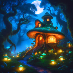 Mashroom home surrounded by lovely scenery in the moon night. 
