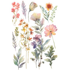 isolated summer meadow flowers and leaves png