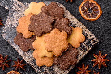 Sweet crispy biscuit with cocoa flavor, baking at home. Biscuit as a dessert