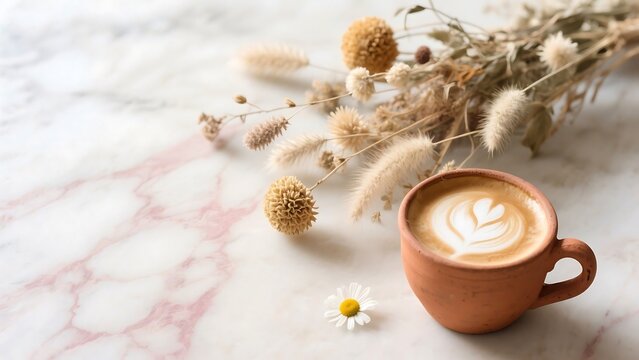 Photo of Latte art in terracotta cup with dried flower bouquet and daisy on marble table top