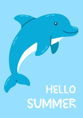 Blue dolphin jumping on a light background with playful summer text, perfect for ocean-themed greeting cards and kids’ products