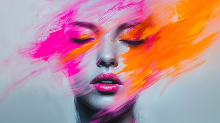 A blurred, abstract portrait with vibrant pink and orange smears, capturing the central features of a face with fluid, expressive brush strokes.