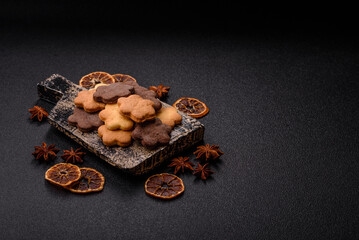 Sweet crispy biscuit with cocoa flavor, baking at home. Biscuit as a dessert