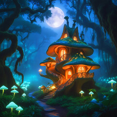 Mashroom home surrounded by lovely scenery in the moon night. 