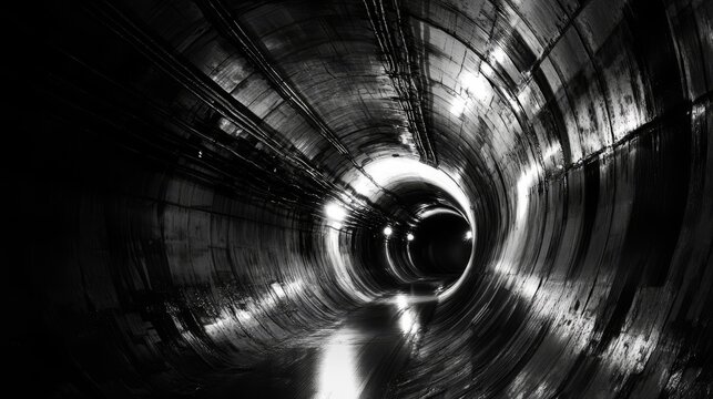 Black and white tunnel with repeating geometric texture in abstract perspective