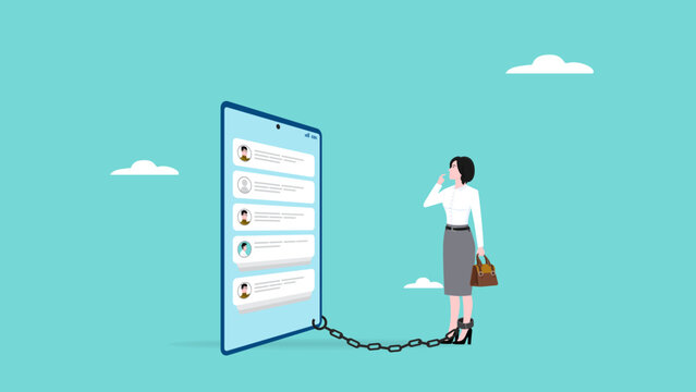 Businesswoman Chained to Big Smart Phone, overusing mobile phone concept, nomophobia or no mobile phone phobia, business people who are afraid to remove from mobile phone connectivity illustration