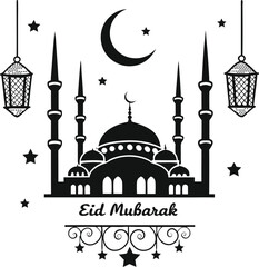 Minimalist Black and White Eid Mubarak Design Featuring Mosque Silhouette with Crescent Moon and Hanging Lanterns