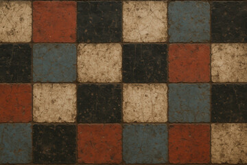 Worn Checkerboard Floor Tiles in Red Black White and Blue