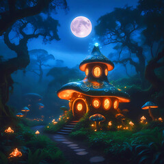 Mashroom home surrounded by lovely scenery in the moon night. 