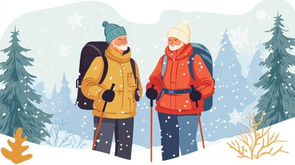 Portrait of senior couple hikers standing in snow-covered winter nature. illustration , no logos, no brands