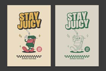 retro poster featuring a juice box mascot with motivational text and playful style, vector illustration