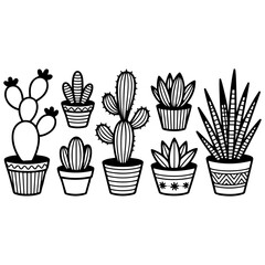 Black silhouettes of cactuses, agave, joshua tree, and prickly pear. Vector illustration