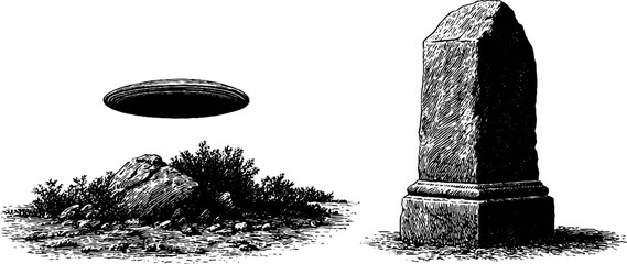 Engraved illustration set of alien artefact and ancient monument