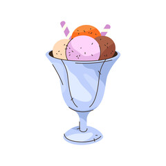Summer Ice cream scoops in bowl. Vector icon of round dessert ball with stick in cone or cup. Sweet frozen treat for snack. Element for cafe menu. Creamy dairy or gelato food with topping. Confection.
