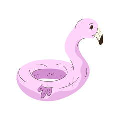 Inflatable flamingo pool float icon. Vector summer beach, pool toy in bird shape. Symbol for water party swimming, vacation. Cartoon floatie for sea or ocean holiday for children. Waterproof animal.