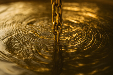 Golden chain dipping into shimmering liquid with ripple effect, abstract luxury background symbolizing wealth, strength, connection and fluid motion in precious metal or molten gold artistic concept