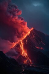 Fototapeta premium Volcano erupts with bright red lava flowing down its slopes in a smoky landscape