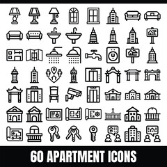 Set of  line icons related to apartment, flat, home, architecture, property, building, residential, Editable stroke. Vector illustration