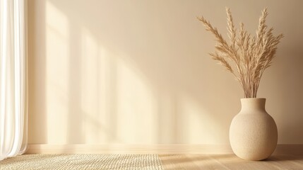 DecoraÃ§Ã£o minimalista com vaso de trigo seco e tecido bege sobre piso de madeira clara