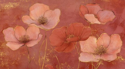 Spring floral in watercolor vector background. Luxury wallpaper design with pink flowers, line art, golden texture. Elegant gold blossom flowers illustration suitable for fabric, prints, cover. illus