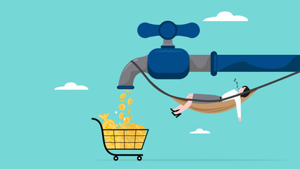 passive income from stock investment dividends, sleeping businesswoman hanging from a water tap that dispenses golden coins collected in a shopping cart, income from auto pilot business or investment