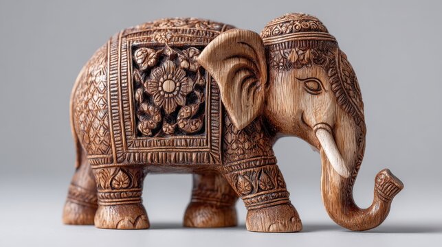 Traditional Indian carved wooden elephant figurine symbolizes wisdom and strength