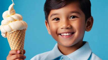 Young asian boy smiling while holding soft serve ice cream cone bright blue background, summer day concept of food, parenting blogs. 