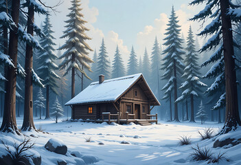 PNG vector of a rustic cabin in a snowy forest, thick oil strokes and cool color tones.
