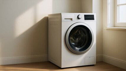Modern washing machine in a bright laundry room with natural light
