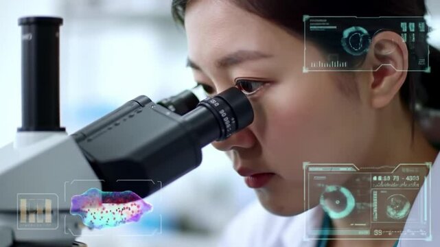 cientist observing experiment through microscope with UI overlays