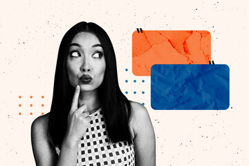 Contemporary art collage of minded girl pouted lips look bubble communication message...
