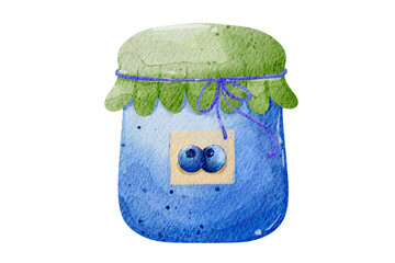 Watercolor Illustration of Blueberry Jam Jar with Rustic Charm