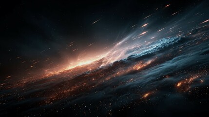 Vivid meteor shower illuminating a dark starry sky with blurred streaks of light