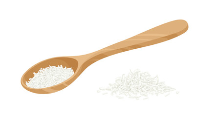 Coconut flakes in wooden spoon isolated on white background. Vector cartoon flat illustration.