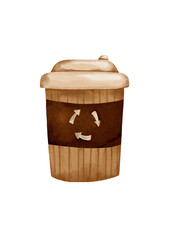 Recycle icon on takeaway coffee cup in cartoon style. Simple drawing of paper takeaway coffee cup. Eco tableware, biodegradable disposable cups