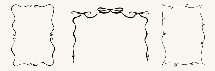 Set bow frames template with space for text. Hand drawn frames with bows ribbons isolated on background. Vertical border frame cards, minimalism line