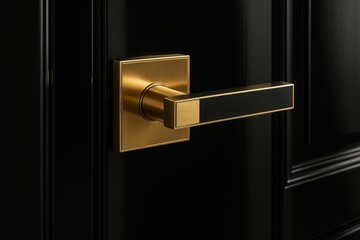 Elegant gold door handle on a polished black door in a modern interior setting