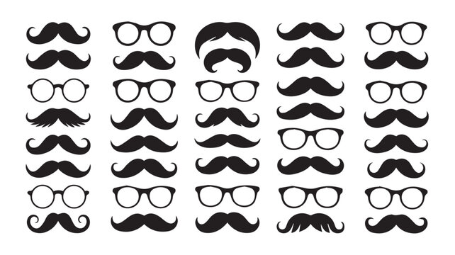 Vector set of mustaches and glasses icons in a stylish retro and hipster design