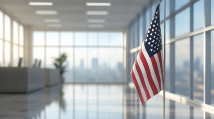 An American flag hanging from a pole in an office setting, suitable for patriotic or corporate events