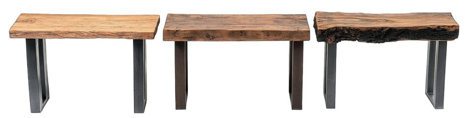 Naklejka premium Three rustic wood side tables with metal legs