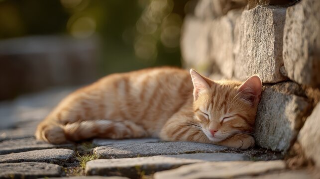 Serene Slumber: A ginger tabby cat peacefully napping on a textured stone path bathed in soft, warm sunlight, conveying a sense of tranquility and contentment.