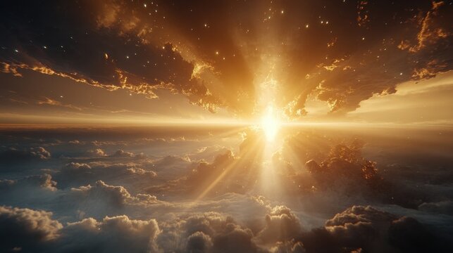 A stunning image of bright sunlight dramatically breaking through the clouds creating a glorious ethereal and scene that symbolizes hope new beginnings and a sense of the divine