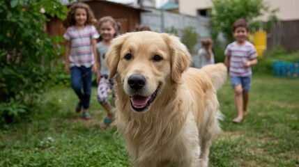 Joyful Golden Retriever and Children: A golden retriever, exuding pure happiness, frolics on a vibrant green lawn alongside a group of playful children, illustrating the bond between them