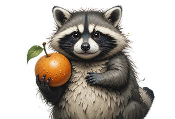 Chubby raccoon holding a fruit, painted in playful style with thick brush lines.
