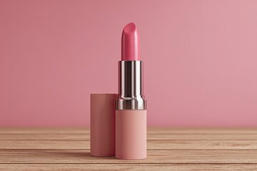Pink lipstick tube standing open on a wood surface against a muted pink background