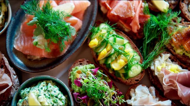 Gourmet open-faced sandwiches showcasing delectable ingredients.