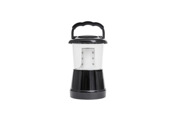 A portable LED camping lantern with a sturdy handle, sleek black design, ideal for outdoor adventures, emergency kits with transparent background