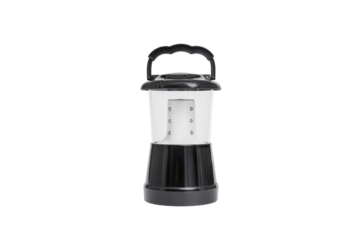 A portable LED camping lantern with a sturdy handle, sleek black design, ideal for outdoor adventures, emergency kits with transparent background